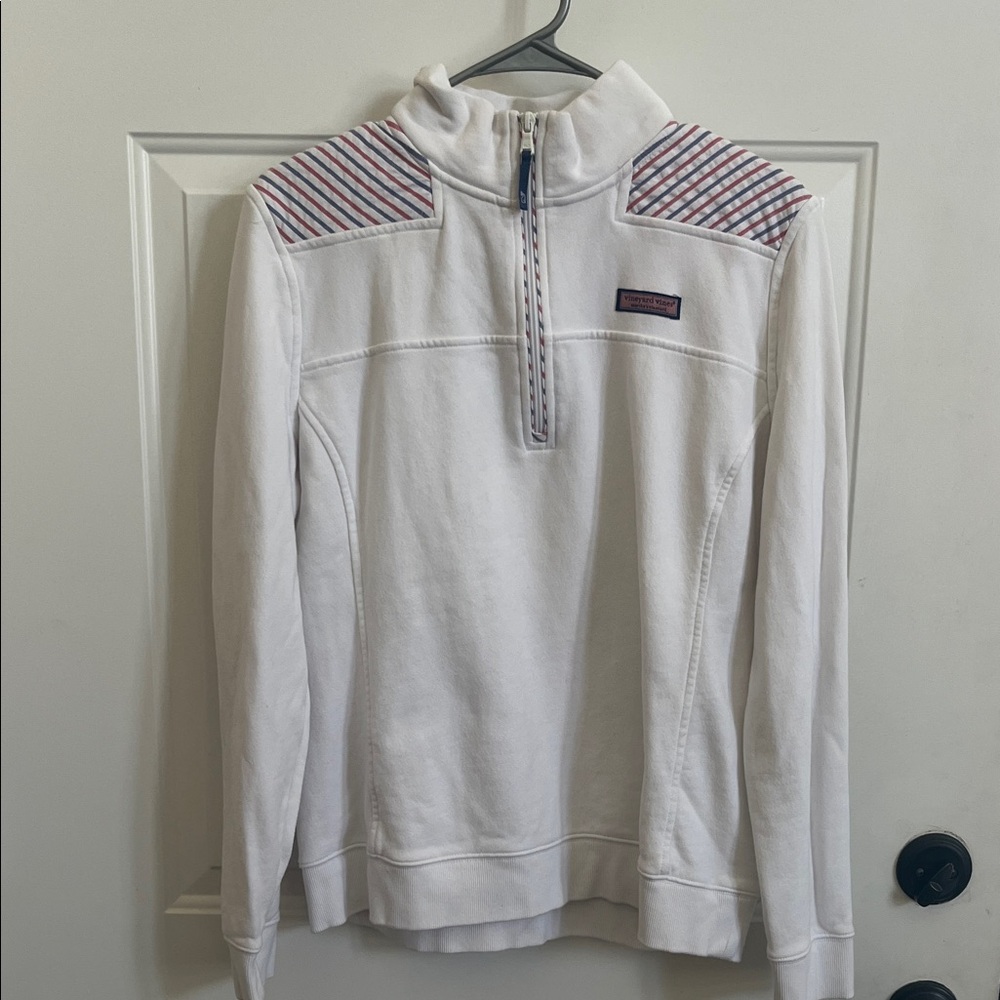 Vineyard Vines White Quarter Zip Sweatshirt with Blue and Red Accents